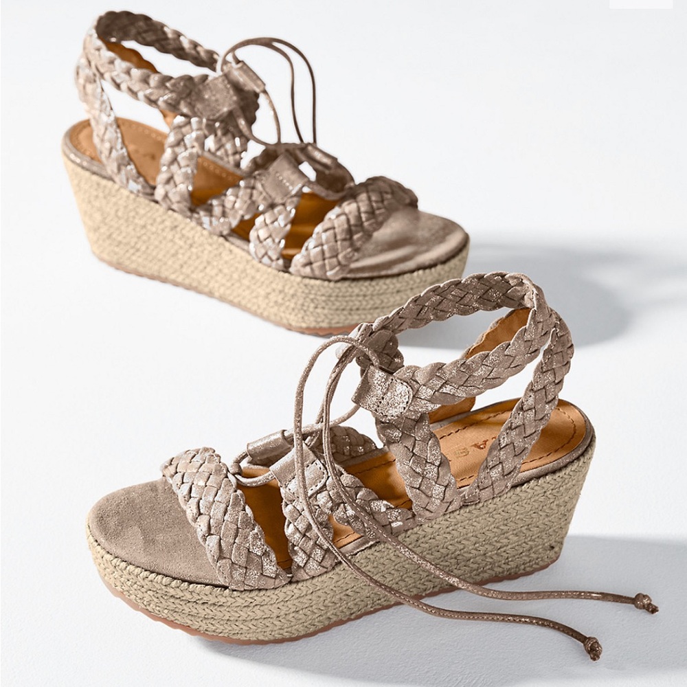 TRASK Patrice Braided Espadrilles Metallic Silver Leather Like New Sz 9.5